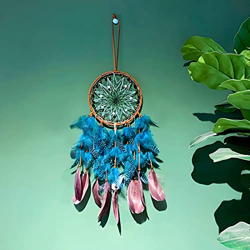 Dream Catcher Boho Sun Dream Catcher Peacock Green Feathers with Handmade Pearl and Wooden Beads,