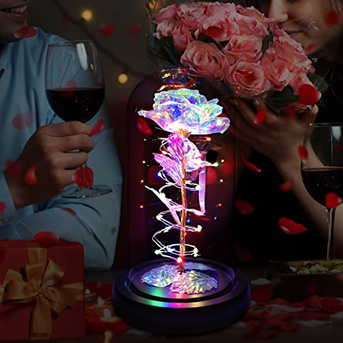 Rotating Romantic Roses Light Up Rose in Glass Dome, Spinning Colorful Artificial Rose Flower Gifts for Her