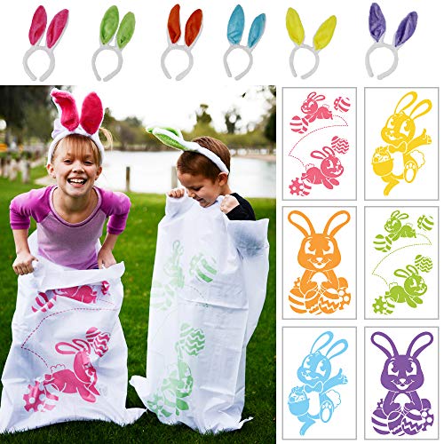 6 Easter Potato Sack Race Jumping Bags 40 x 24 w/ Bunny Ears Headbands for Party Supplies