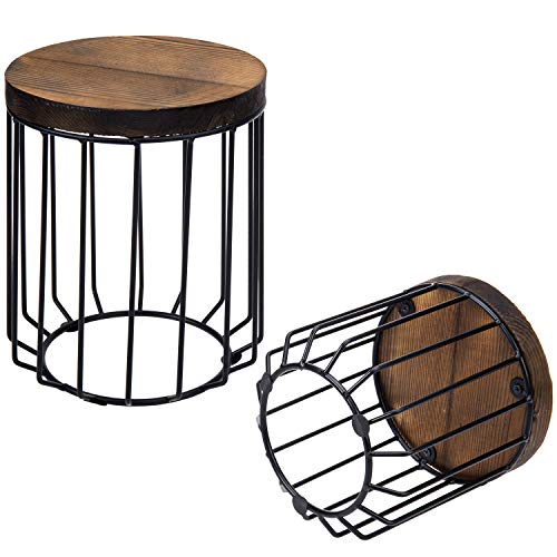 Rustic Brown Burnt Wood & Metal Wire Round Display Riser Stands Set of 2