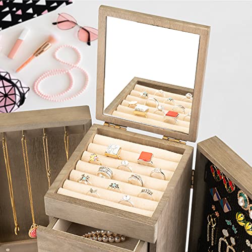 Jewelry Box Wood, 5-Layer Large Organizer w/ Mirror & 4 Drawers