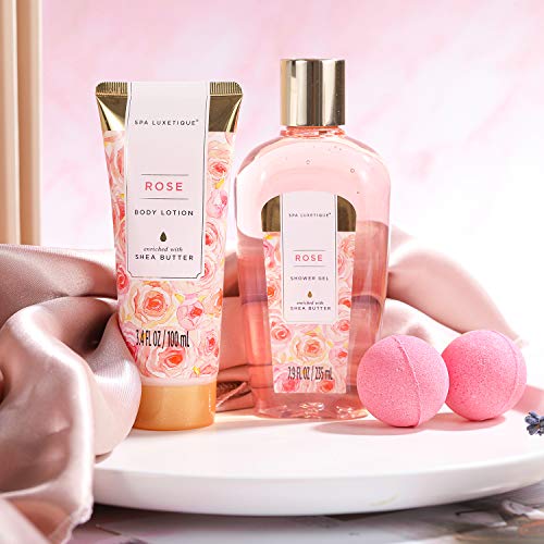 Spa Baskets for Women, 8 pcs Rose Bath Gift Set Includes Bath Bombs, Bath Salts, Bubble Bath