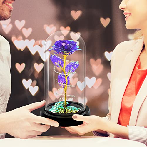 Rotating Romantic Roses Light Up Rose in Glass Dome, Spinning Colorful Artificial Rose Flower Gifts for Her