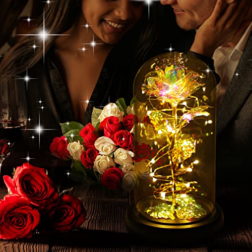 Rotating Romantic Roses Light Up Rose in Glass Dome, Spinning Colorful Artificial Rose Flower Gifts for Her