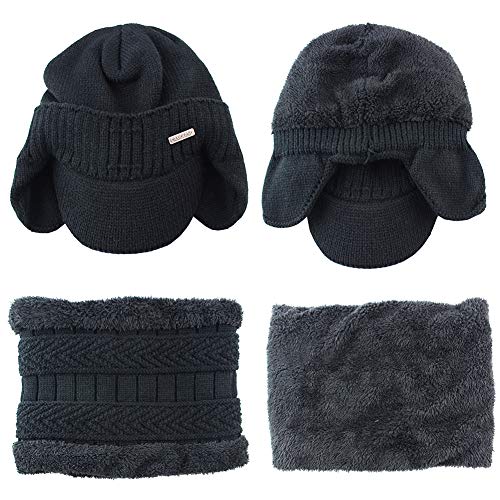 Mens Winter Beanie Visor w/ Earfaps & Fleece Hat Scarf Set