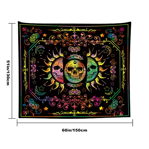 Psychedelic Blacklight Trippy Sun and Moon Stars UV Reactive Skull Tapestry 60x51 inch