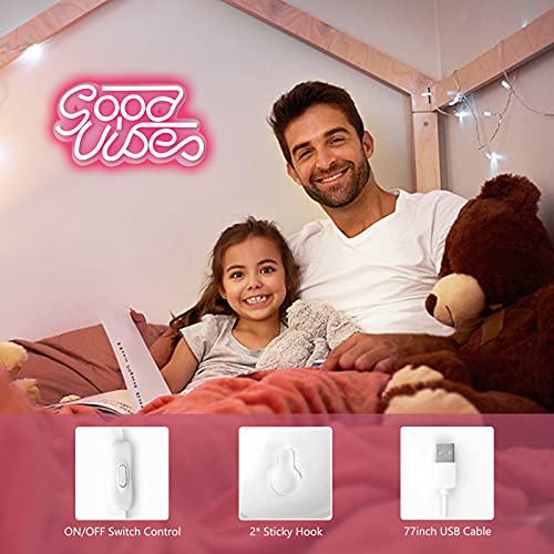 Good Vibes Neon Sign for Wall Decor, Reusable, Powered by USB (White, Pink, Blue)