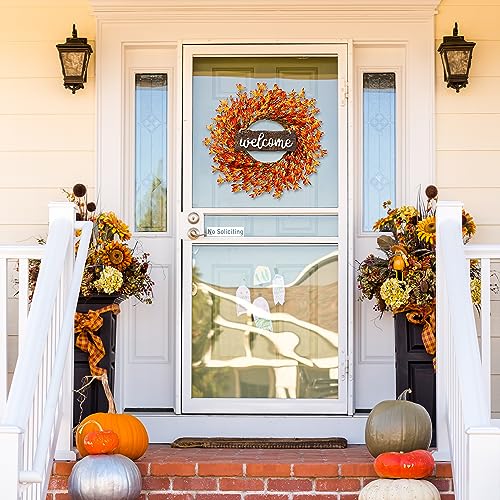 20’’ Autumn Front Door Harvest Wreath w/ Forsythia Flowers Orange Berries Welcome Sign for Thanksgiving Fall Decor