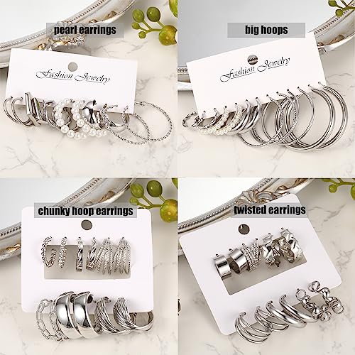 42 Pairs Gold Hoop Earrings Set for Women, Fashion Chunky Pearl Earrings Multipack Twisted Statement Earring