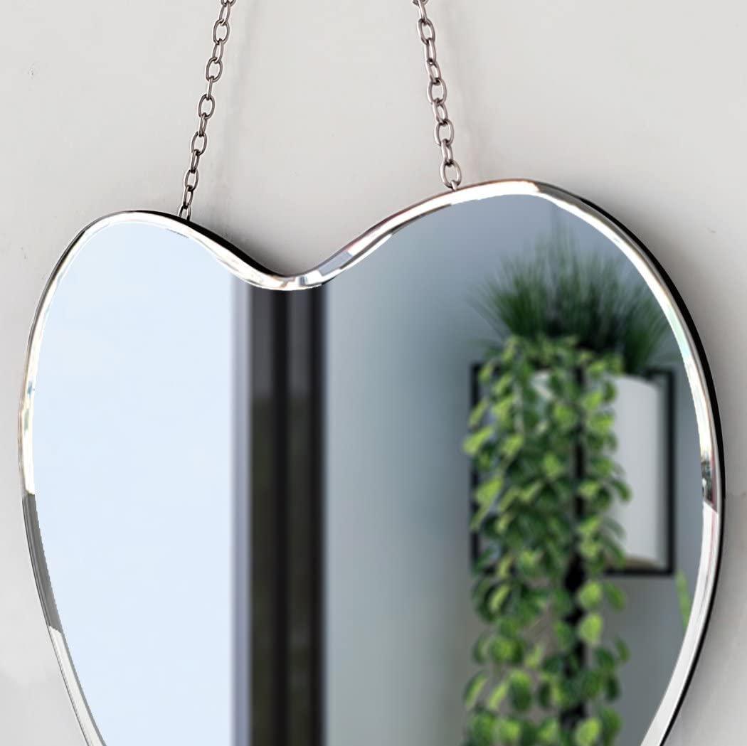 Heart Shaped Mirror with Iron Chain for Wall Decor 12x12 inch Real Glass Frameless