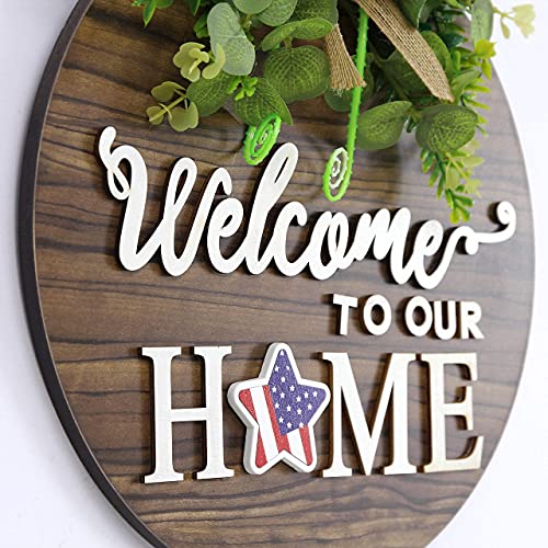 Interchangeable Seasonal Welcome Sign Front Door Decoration, Rustic Round Wood Wreaths Wall Hanging