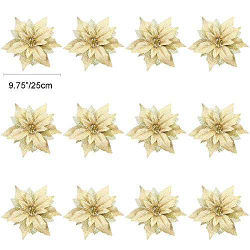 12Pcs Poinsettia Flowers Glitter Christmas Ornaments