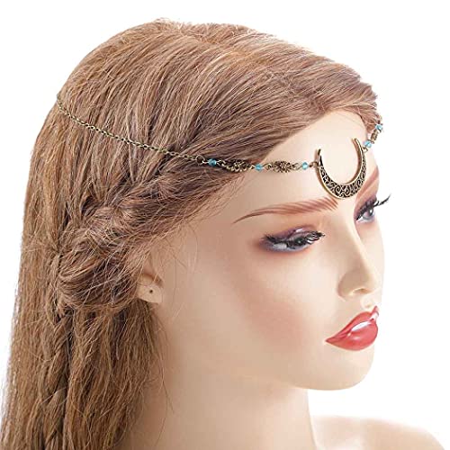 Boho Crescent Moon Head Chains Vintage Headpieces w/ Crystal Hair Chain