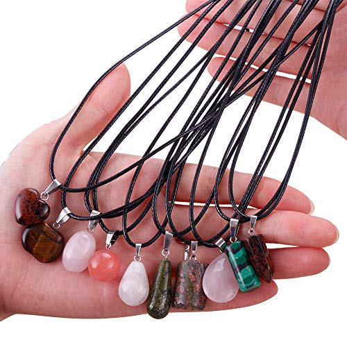 60pcs Natural Stone Pendants Charms Chakra Stone Beads Necklace w/ Leather Cord