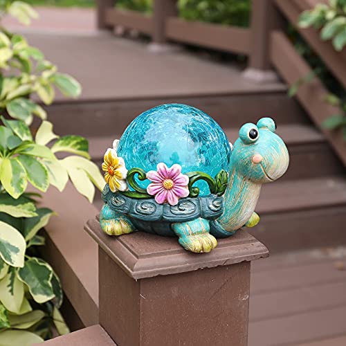 Garden Turtle Statue Outdoor Figurine Glass Solar Lights Decor