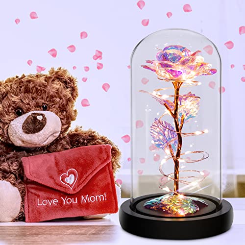 Rotating Romantic Roses Light Up Rose in Glass Dome, Spinning Colorful Artificial Rose Flower Gifts for Her