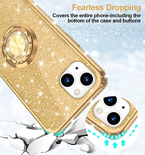 Phone Case for iPhone 13, Glitter Protective Case w/ 360 Degree Ring Stand