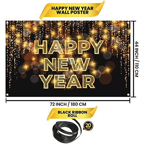 Xtra Large Happy New Year Banner - Black, 72 x 44 Inch | 2022 New Year Photo Backdrop