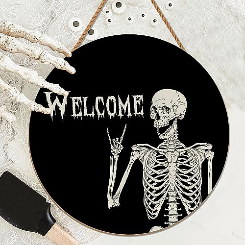 Wreath Halloween Skull Welcome Rustic, Wooden Holiday for Front Door Porch Wind Wall Decoration