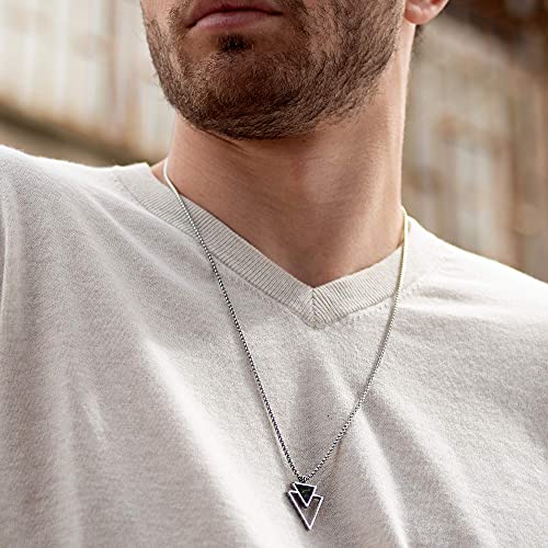 Geometric Stainless Steel Necklace For Men w/ Triangle Pendant - Silver