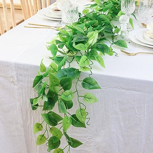 2 Strands Artificial Vines Scindapsus Garland 6FT Real Touch Fake Vine with Silk Green Leaves Faux Hanging Plants