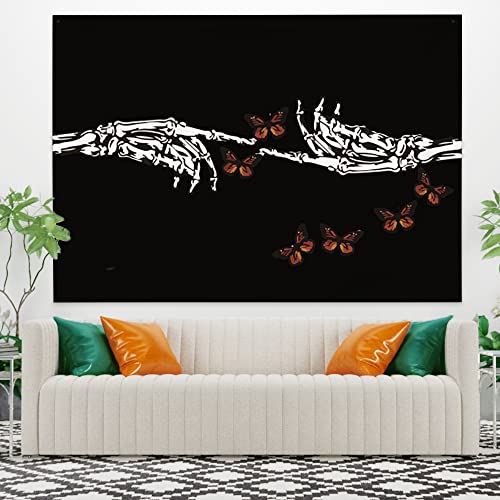 Skeleton Tapestry Butterfly Wall Hanging Black and White Finger Bones Sign Hand Trippy