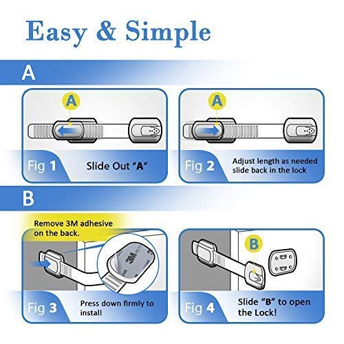 Child Safety Strap Locks (4 Pack) for Fridge, Cabinets, Drawers, 3M Adhesive No Drilling