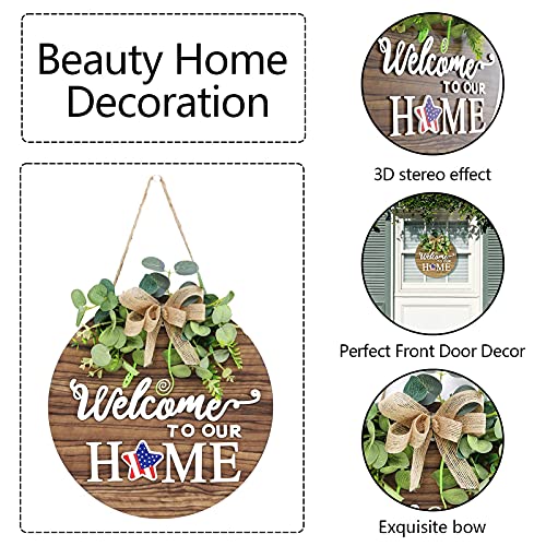 Interchangeable Seasonal Welcome Sign Front Door Decoration, Rustic Round Wood Wreaths Wall Hanging