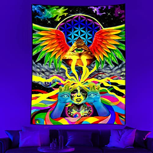 All-seeing eye fluorescent tapestry, omniscient eye, aurora color timberwolf blacklight tapestry,