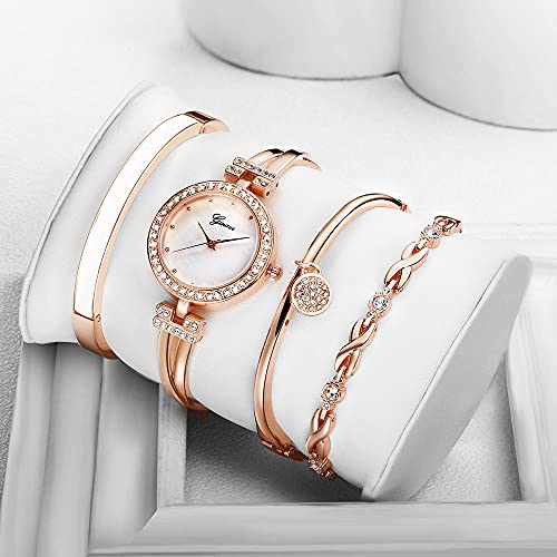 Elegant Rose Gold/Silver Watch & 3 Bracelets Set for Women