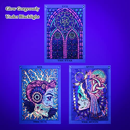 3 Pcs Tarot Tapestry Sun Moon Star Tarot Card Tapestry Blacklight Poster UV Reactive Indie Trippy Tapestry