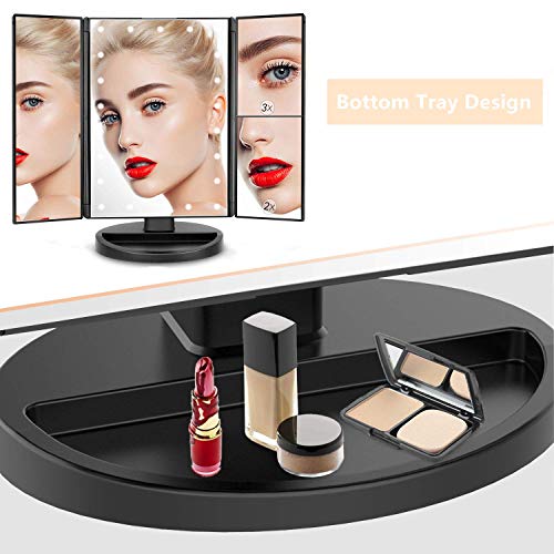 Tri-fold Lighted Vanity Makeup Mirror w/ 3x/2x Magnification, Touch Screen &180 Degree Free Rotation