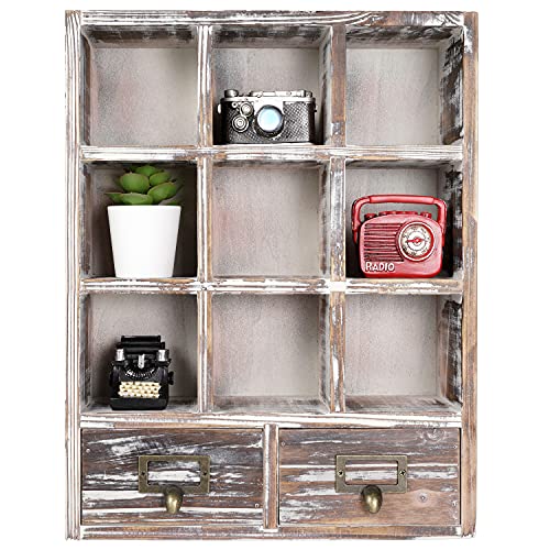 Wall-Mounted Wood Shadow Box Shelf w/ 2 Pull Out Drawers