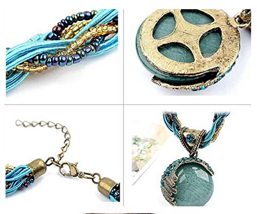 Women Lady Retro Vintage Bohemian Style Twist Woven Rope Chain Turquoise Rhinestone Pendant Collar