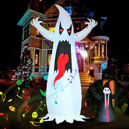 Halloween Inflatables Grim Reaper, Spooky Ghost with Sounder Outdoor Decorations, Double-Sided Design