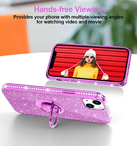 Phone Case for iPhone 13, Glitter Protective Case w/ 360 Degree Ring Stand