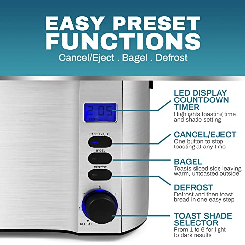 4 Slice Long Slot Toaster, Reheat, 6 Toast Settings, Defrost, Cancel Functions