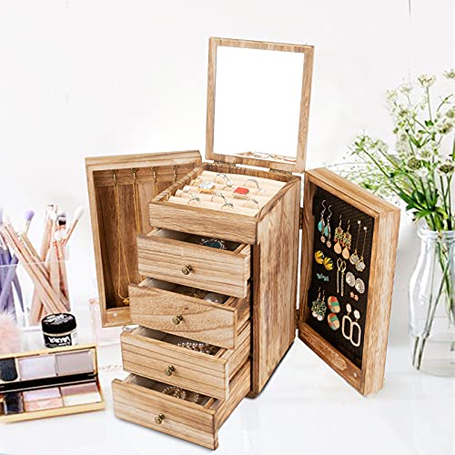 Jewelry Box Wood, 5-Layer Large Organizer w/ Mirror & 4 Drawers