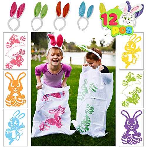 6 Easter Potato Sack Race Jumping Bags 40 x 24 w/ Bunny Ears Headbands for Party Supplies