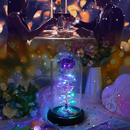 Rotating Romantic Roses Light Up Rose in Glass Dome, Spinning Colorful Artificial Rose Flower Gifts for Her