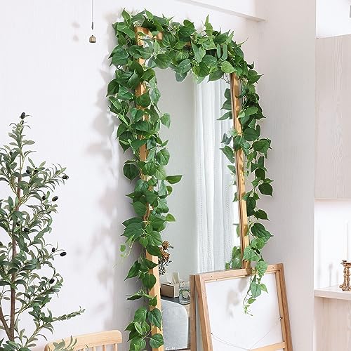 2 Strands Artificial Vines Scindapsus Garland 6FT Real Touch Fake Vine with Silk Green Leaves Faux Hanging Plants