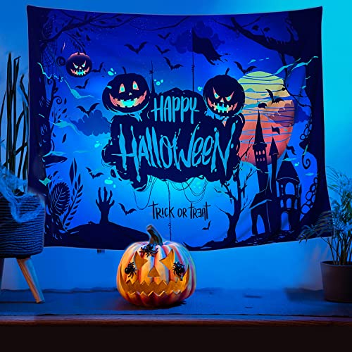 Halloween Blacklight Wall Tapestry Haunted Woods with Grave and Pumpkins, UV Reactive Wall Blanket