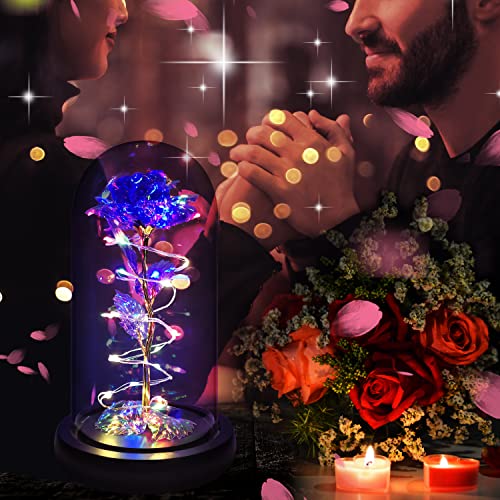 Rotating Romantic Roses Light Up Rose in Glass Dome, Spinning Colorful Artificial Rose Flower Gifts for Her