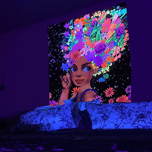UV Reactive Beautiful Afro Black Woman Tapestry 51"X59"