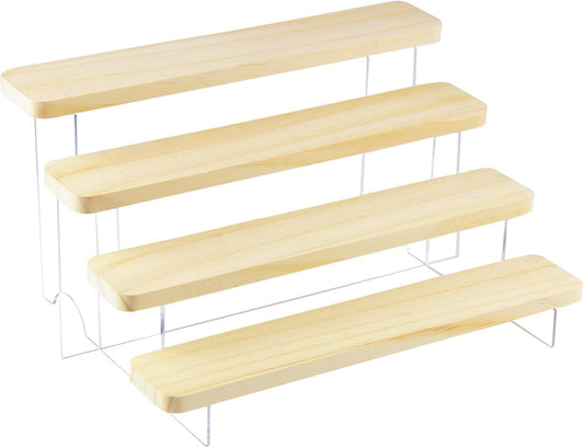 Figure Display Stand Acrylic Display Riser for Collectibles, Wood Tiered Display Shelf Organizer for Products (B-4Tier-11.8inch)