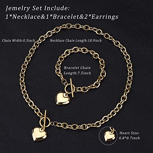 3Sets Heart Pendant Necklace Toggle Chain Heart Bracelet Heart Stud Earrings for Women