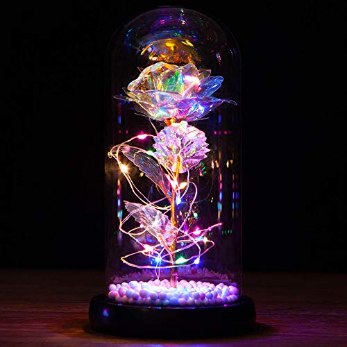 Galaxy Rose Flowers Forever Enchanted with Colorful LED Light in Glass Dome for Romantic Gifts