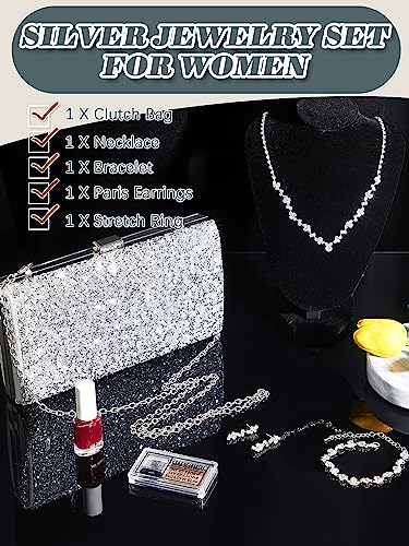 5 Pcs Purse Rhinestone Jewelry Set Rhinestone Clutch Purse Wedding Bride Prom Jewelry Necklace Earrings