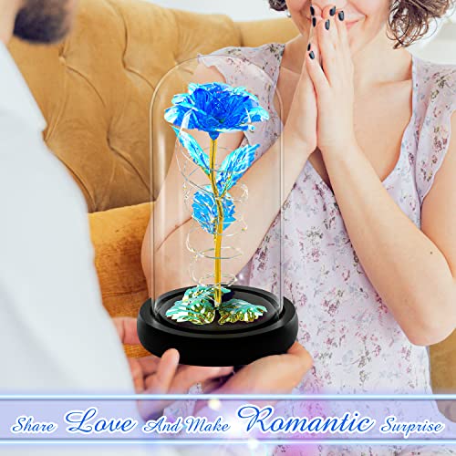 Rotating Romantic Roses Light Up Rose in Glass Dome, Spinning Colorful Artificial Rose Flower Gifts for Her