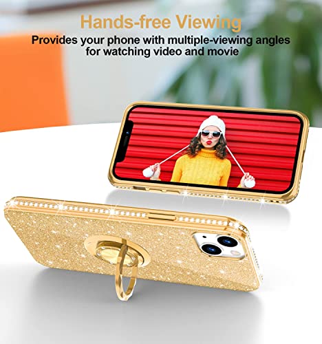 Phone Case for iPhone 13, Glitter Protective Case w/ 360 Degree Ring Stand